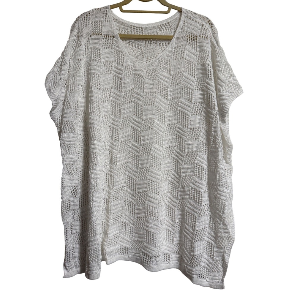 White Crochet Knit V-Neck Poncho Top‎ Geometric Open Weave Oversized Large